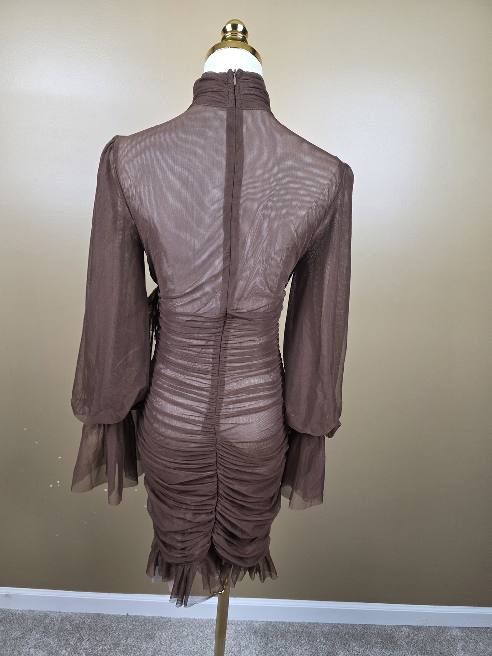 Brown Ruching & Ruffle High-Neck Mini Dress - Picture 3 of 6
